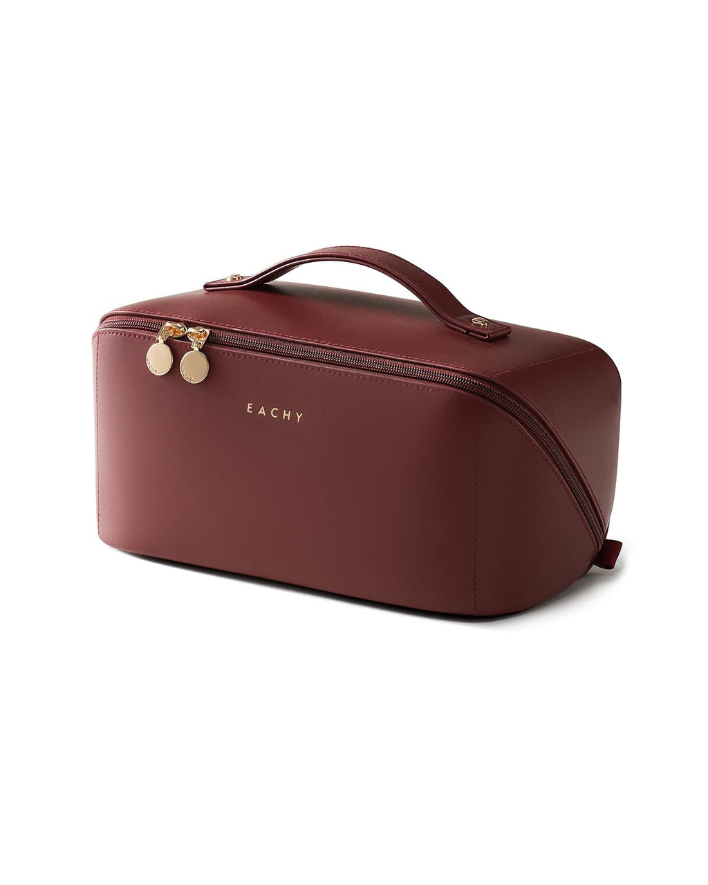 EACHY Travel Makeup Bag for Women, PU Leather Cosmetic Bag, Brown, Medium | Water-resistant PU leather exterior with flat-open access, clear TPU brush compartment and organized storage for cosmetics