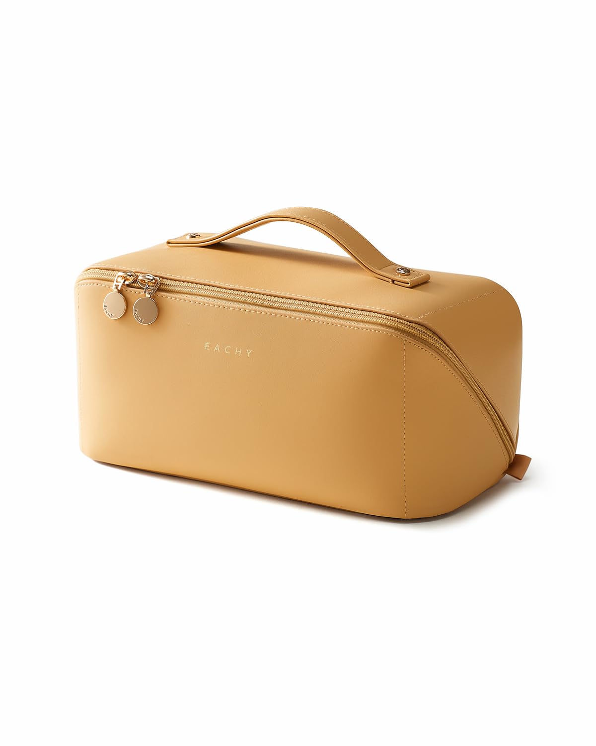 EACHY Travel Makeup Bag for Women, PU Leather Cosmetic Bag, Brown, Medium | Water-resistant PU leather exterior with flat-open access, clear TPU brush compartment and organized storage for cosmetics