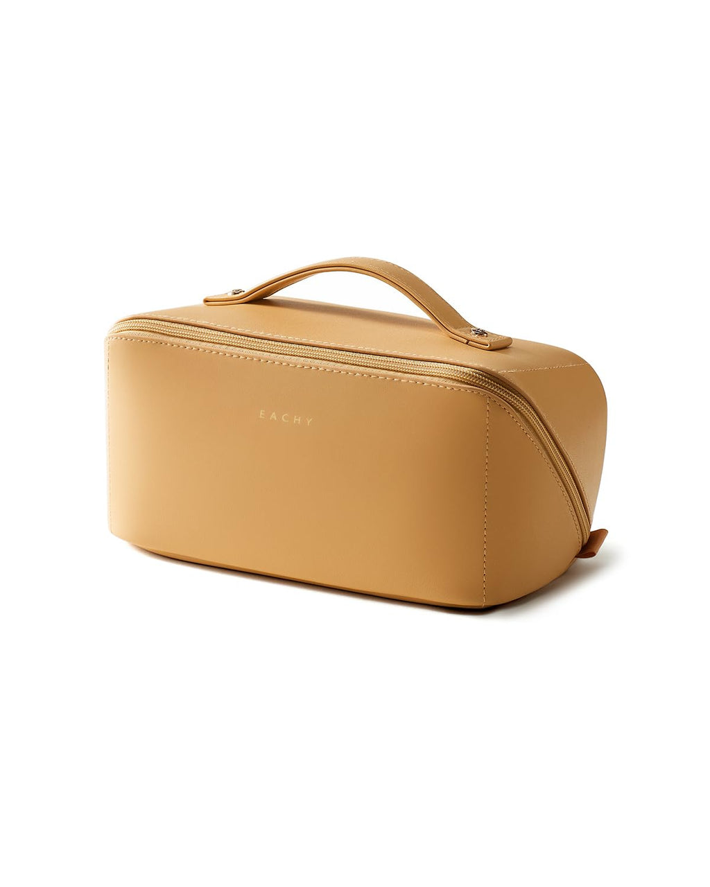 EACHY Travel Makeup Bag for Women, PU Leather Cosmetic Bag, Brown, Medium | Water-resistant PU leather exterior with flat-open access, clear TPU brush compartment and organized storage for cosmetics