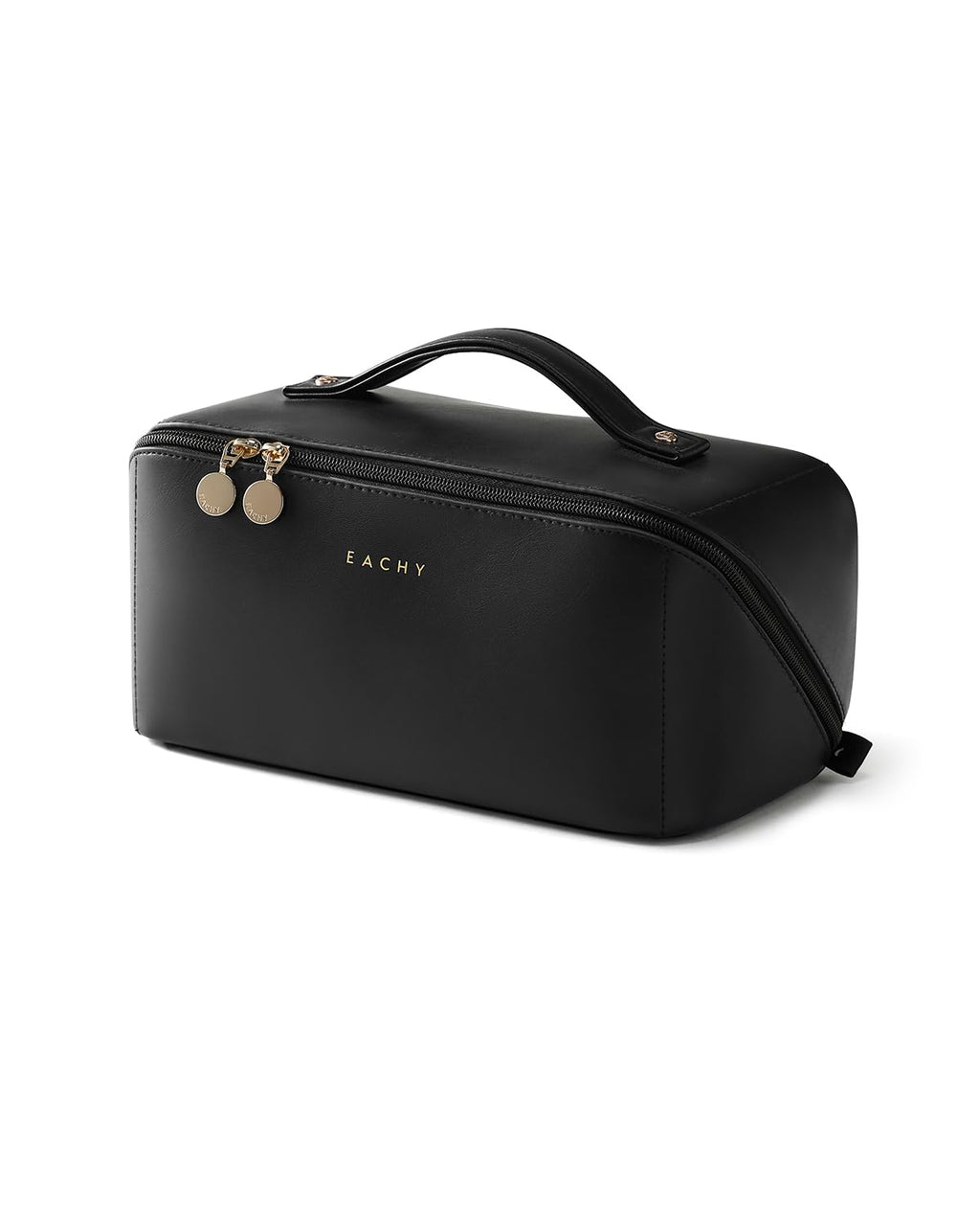 EACHY Travel Makeup Bag for Women, PU Leather Cosmetic Bag, Brown, Medium | Water-resistant PU leather exterior with flat-open access, clear TPU brush compartment and organized storage for cosmetics