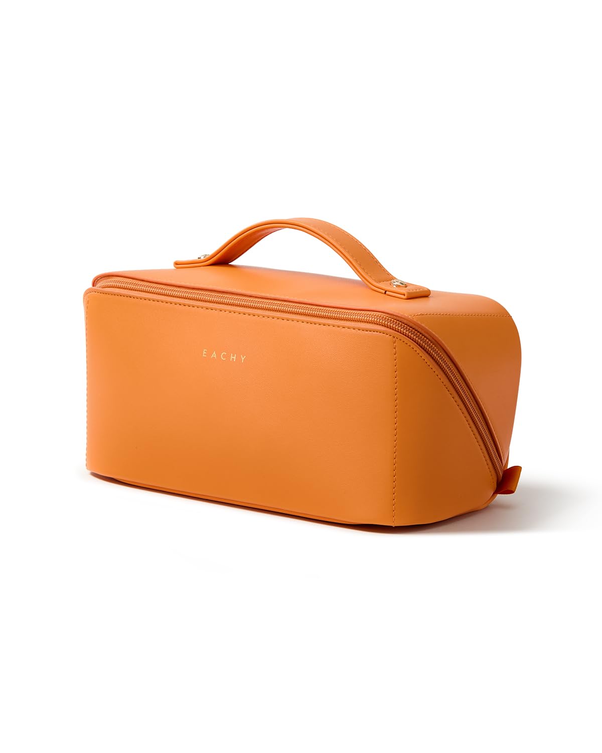 EACHY Travel Makeup Bag for Women, PU Leather Cosmetic Bag, Brown, Medium | Water-resistant PU leather exterior with flat-open access, clear TPU brush compartment and organized storage for cosmetics