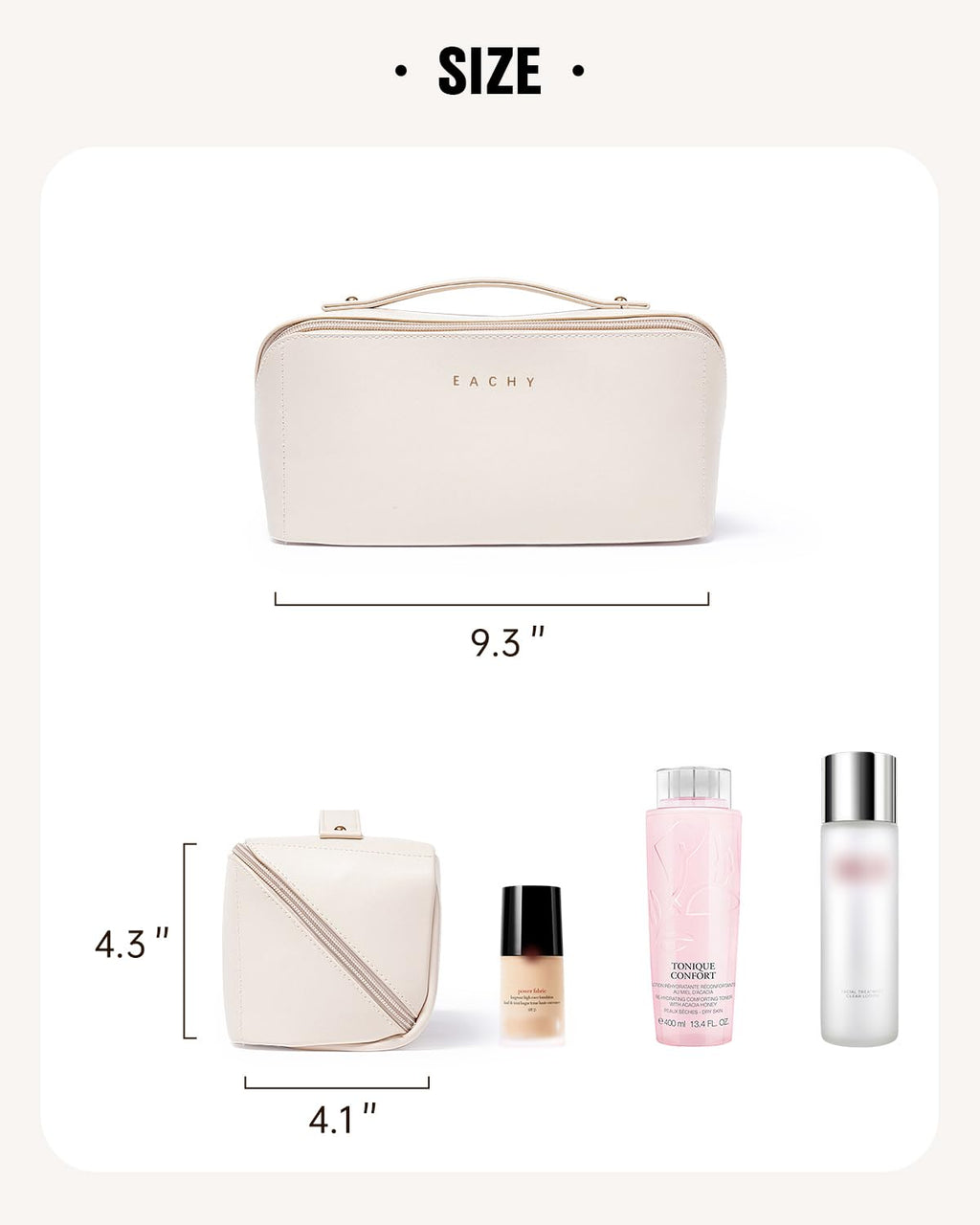 EACHY Travel Makeup Bag for Women, PU Leather Cosmetic Bag, Brown, Medium | Water-resistant PU leather exterior with flat-open access, clear TPU brush compartment and organized storage for cosmetics