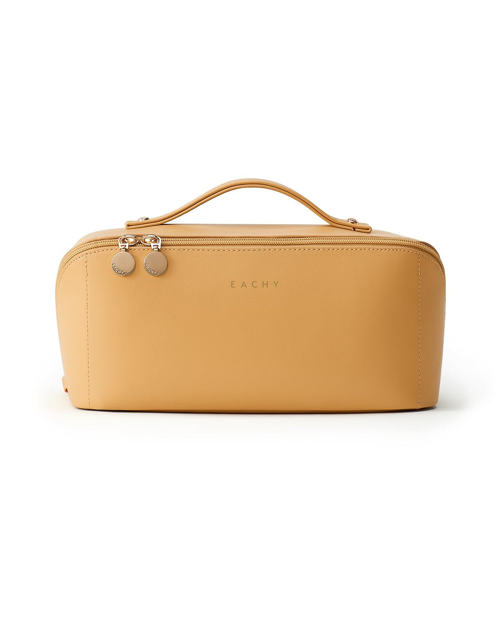 EACHY Travel Makeup Bag for Women, PU Leather Cosmetic Bag, Brown, Medium | Water-resistant PU leather exterior with flat-open access, clear TPU brush compartment and organized storage for cosmetics