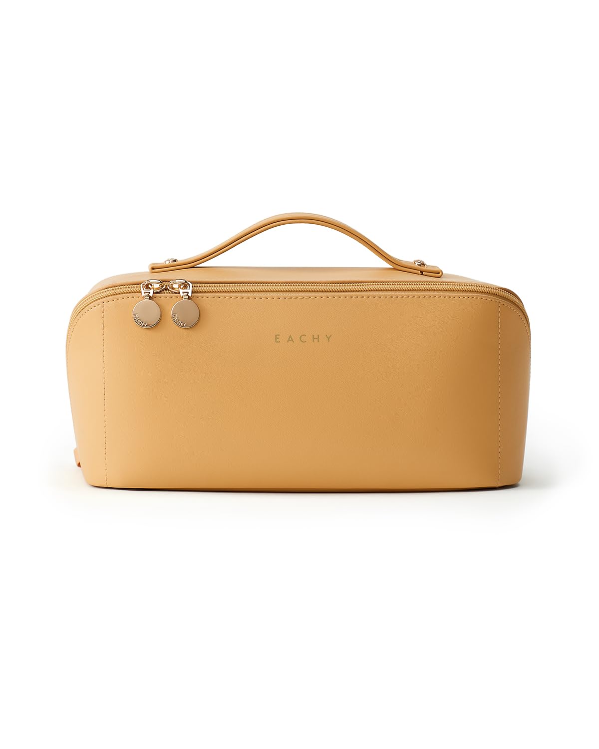 EACHY Travel Makeup Bag for Women, PU Leather Cosmetic Bag, Brown, Medium | Water-resistant PU leather exterior with flat-open access, clear TPU brush compartment and organized storage for cosmetics