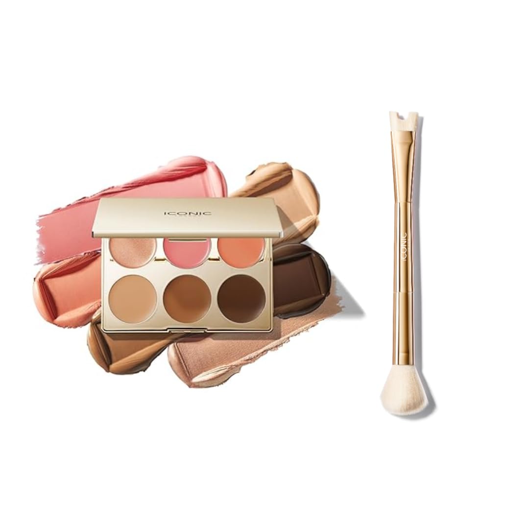 ICONIC LONDON Multi Use Cream Blush, Bronze, and Highlight Palette & Precision Duo Contour Brush Bundle | Contour, Conceal and Highlight with Two Sided Makeup Brush for Contouring