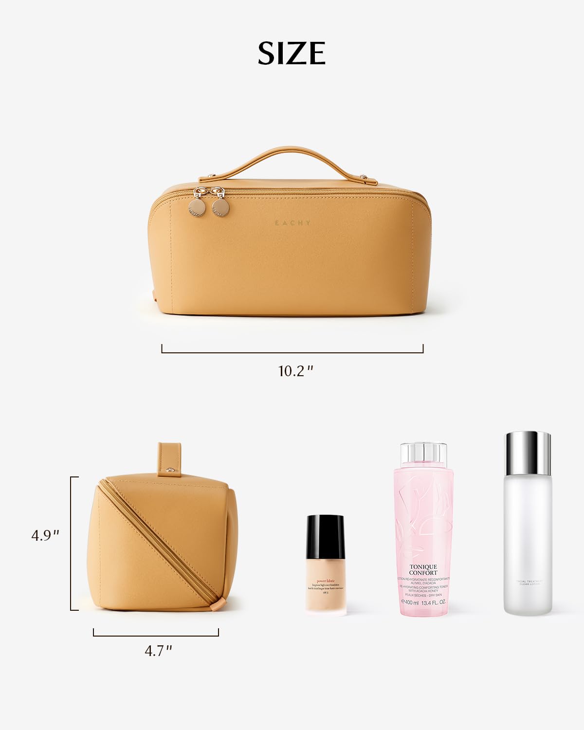 EACHY Travel Makeup Bag for Women, PU Leather Cosmetic Bag, Brown, Medium | Water-resistant PU leather exterior with flat-open access, clear TPU brush compartment and organized storage for cosmetics