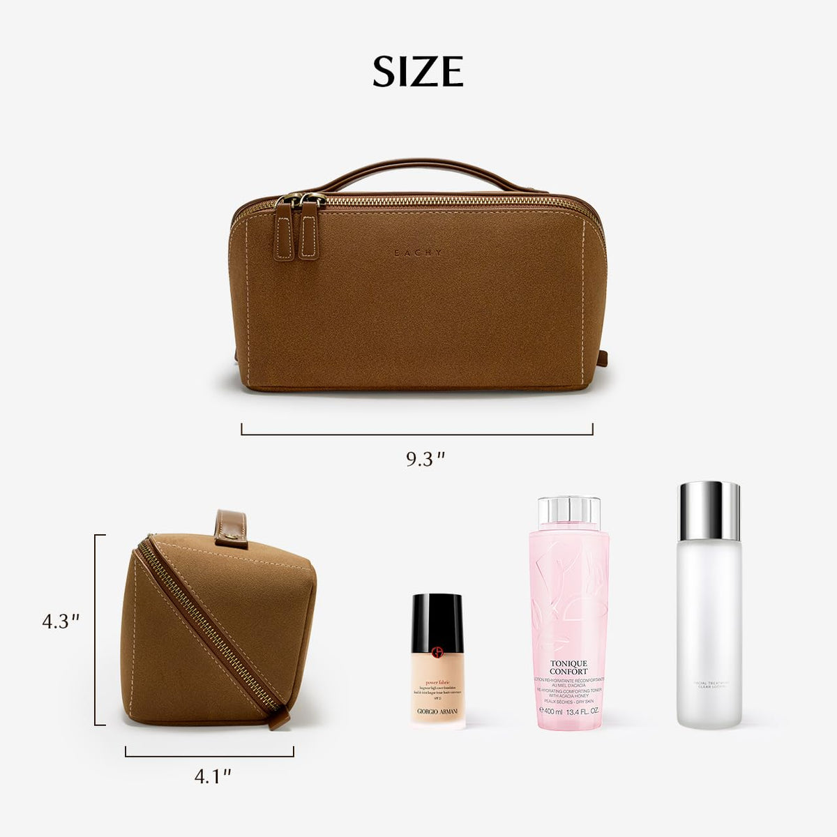 EACHY Travel Makeup Bag for Women, PU Leather Cosmetic Bag, Brown, Medium | Water-resistant PU leather exterior with flat-open access, clear TPU brush compartment and organized storage for cosmetics