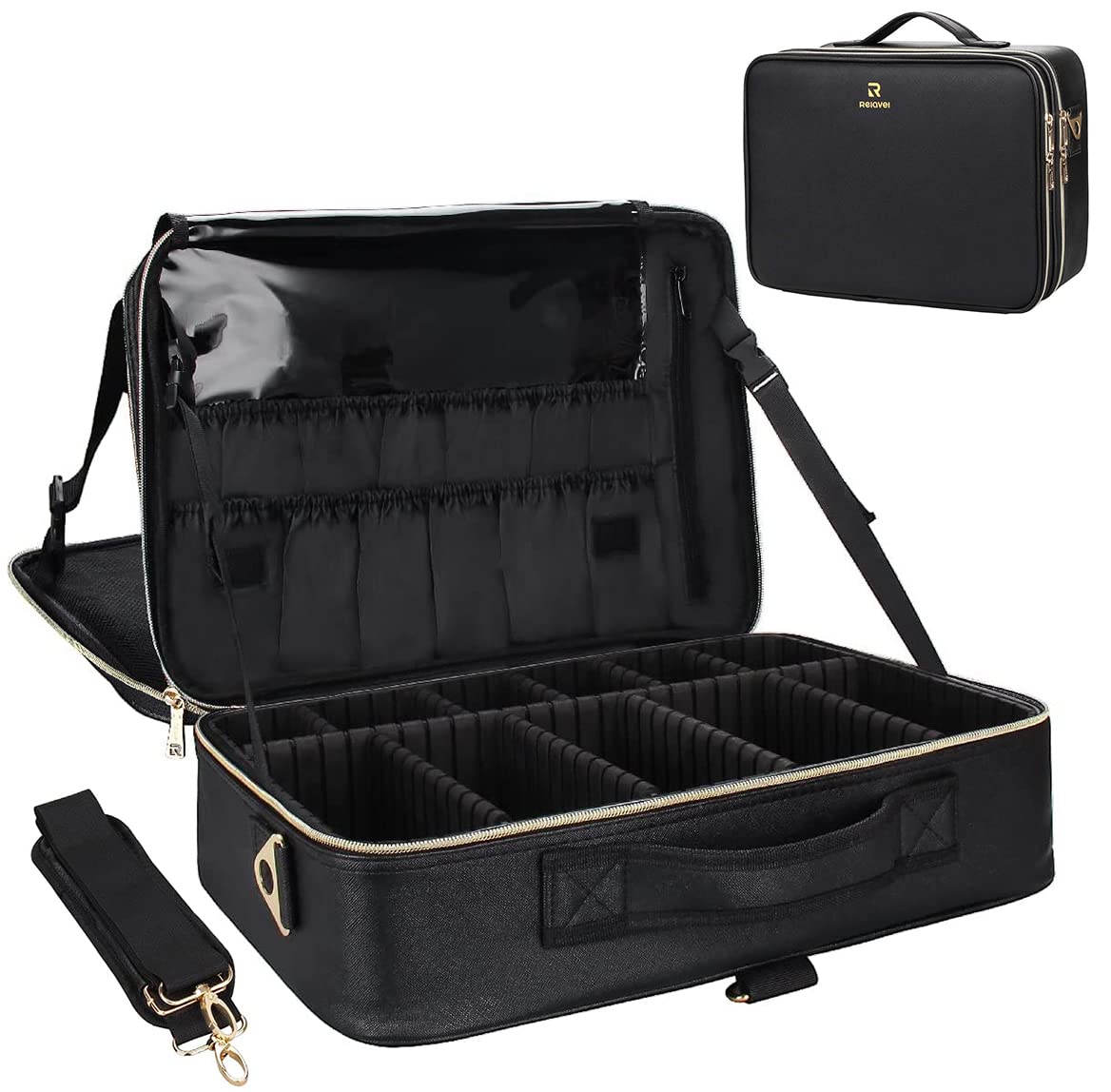 Relavel Makeup Case Large Makeup Bag Professional Train Case 16.5 inches Travel Cosmetic Organizer Brush Holder Waterproof Makeup Artist Storage Box, 3 Layer Large Capacity, with Adjustable Strap
