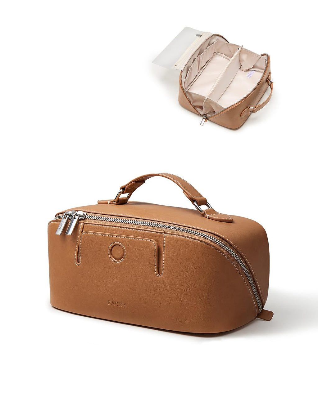 EACHY Travel Makeup Bag for Women, PU Leather Cosmetic Bag, Brown, Medium | Water-resistant PU leather exterior with flat-open access, clear TPU brush compartment and organized storage for cosmetics