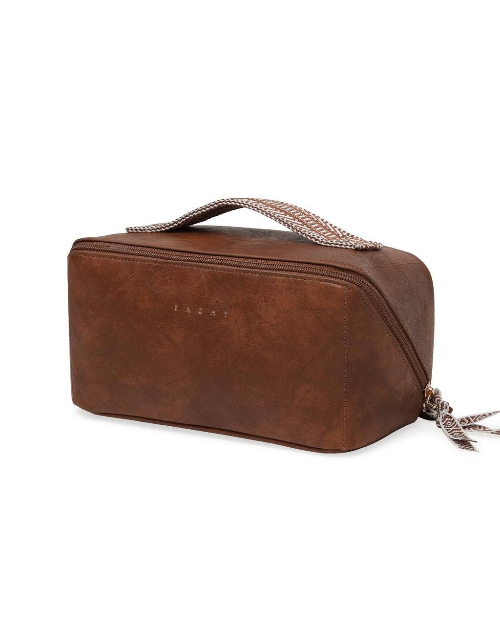 EACHY Travel Makeup Bag for Women, PU Leather Cosmetic Bag, Brown, Medium | Water-resistant PU leather exterior with flat-open access, clear TPU brush compartment and organized storage for cosmetics
