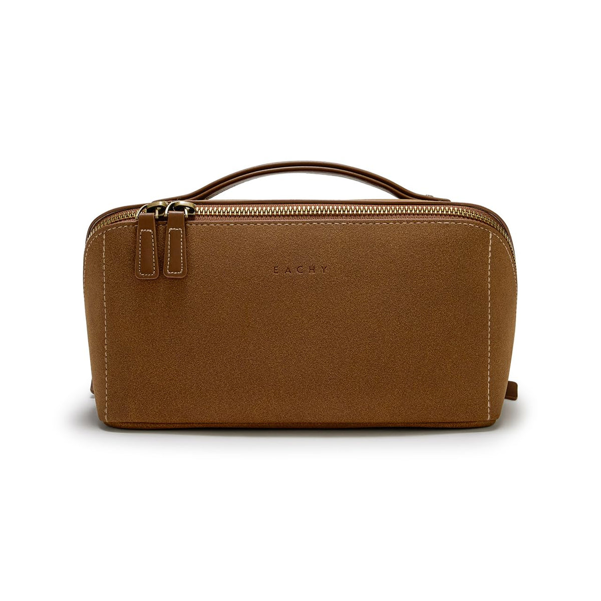 EACHY Travel Makeup Bag for Women, PU Leather Cosmetic Bag, Brown, Medium | Water-resistant PU leather exterior with flat-open access, clear TPU brush compartment and organized storage for cosmetics