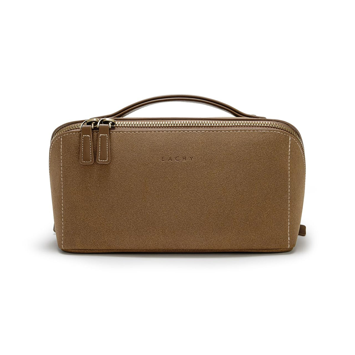 EACHY Travel Makeup Bag for Women, PU Leather Cosmetic Bag, Brown, Medium | Water-resistant PU leather exterior with flat-open access, clear TPU brush compartment and organized storage for cosmetics