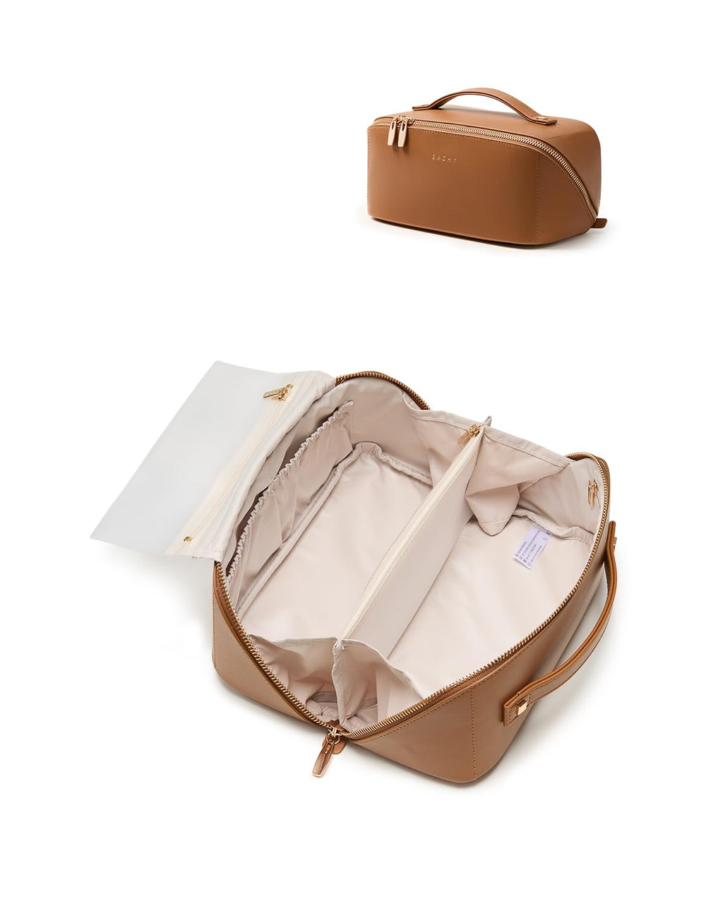 EACHY Travel Makeup Bag for Women, PU Leather Cosmetic Bag, Brown, Medium | Water-resistant PU leather exterior with flat-open access, clear TPU brush compartment and organized storage for cosmetics