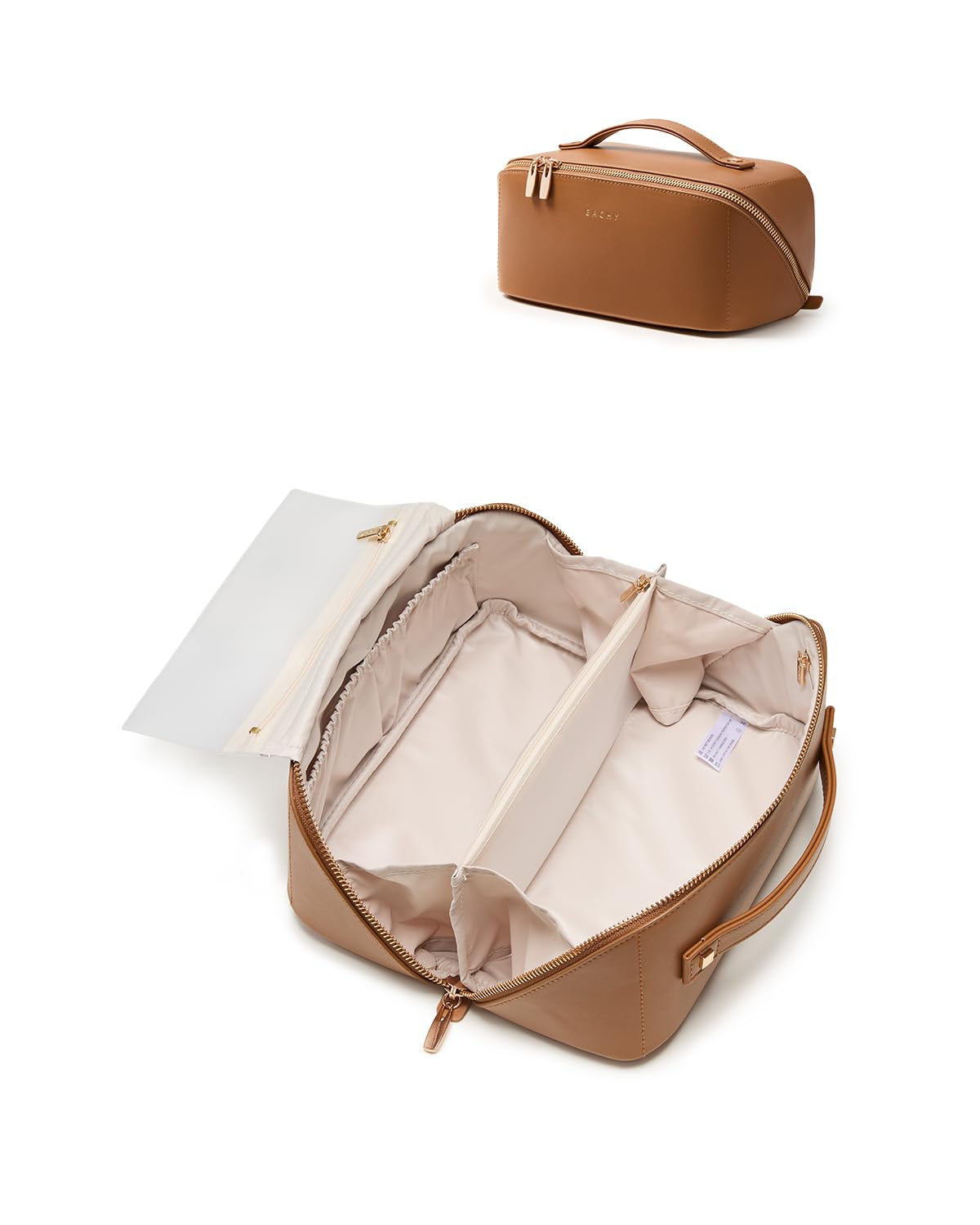 EACHY Travel Makeup Bag for Women, PU Leather Cosmetic Bag, Brown, Medium | Water-resistant PU leather exterior with flat-open access, clear TPU brush compartment and organized storage for cosmetics