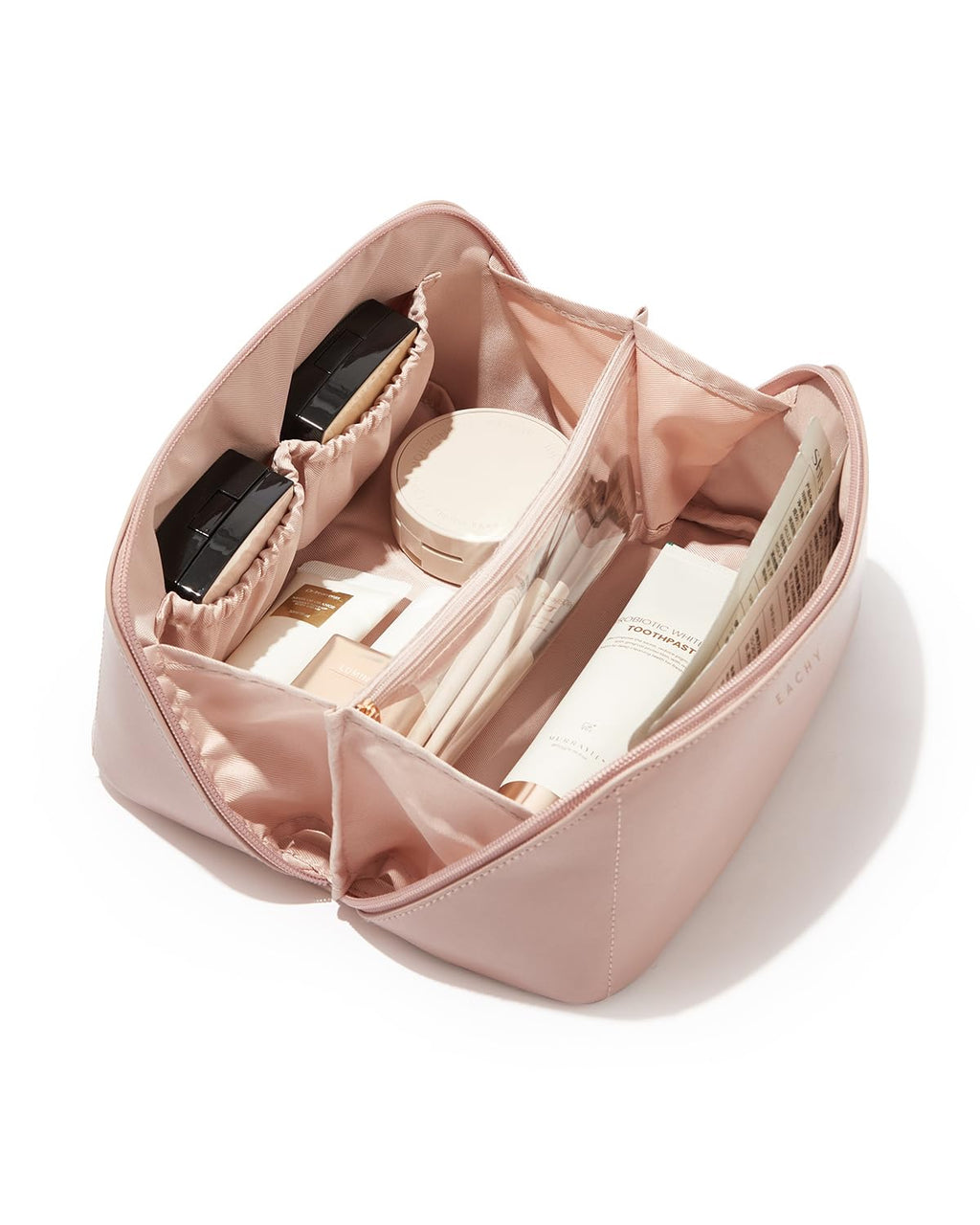 EACHY Travel Makeup Bag for Women, PU Leather Cosmetic Bag, Brown, Medium | Water-resistant PU leather exterior with flat-open access, clear TPU brush compartment and organized storage for cosmetics