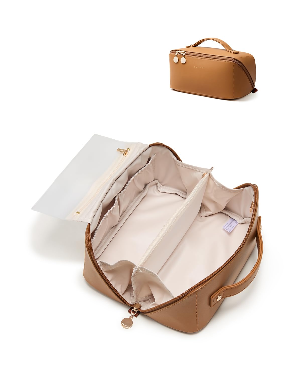 EACHY Travel Makeup Bag for Women, PU Leather Cosmetic Bag, Brown, Medium | Water-resistant PU leather exterior with flat-open access, clear TPU brush compartment and organized storage for cosmetics