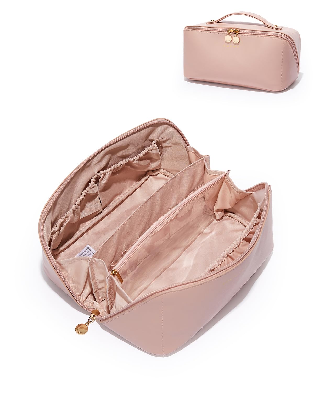 EACHY Travel Makeup Bag for Women, PU Leather Cosmetic Bag, Brown, Medium | Water-resistant PU leather exterior with flat-open access, clear TPU brush compartment and organized storage for cosmetics