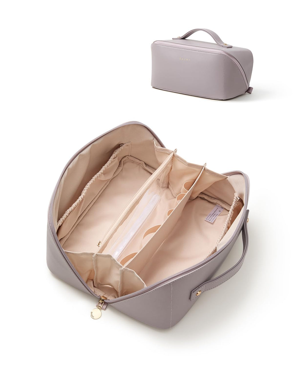 EACHY Travel Makeup Bag for Women, PU Leather Cosmetic Bag, Brown, Medium | Water-resistant PU leather exterior with flat-open access, clear TPU brush compartment and organized storage for cosmetics