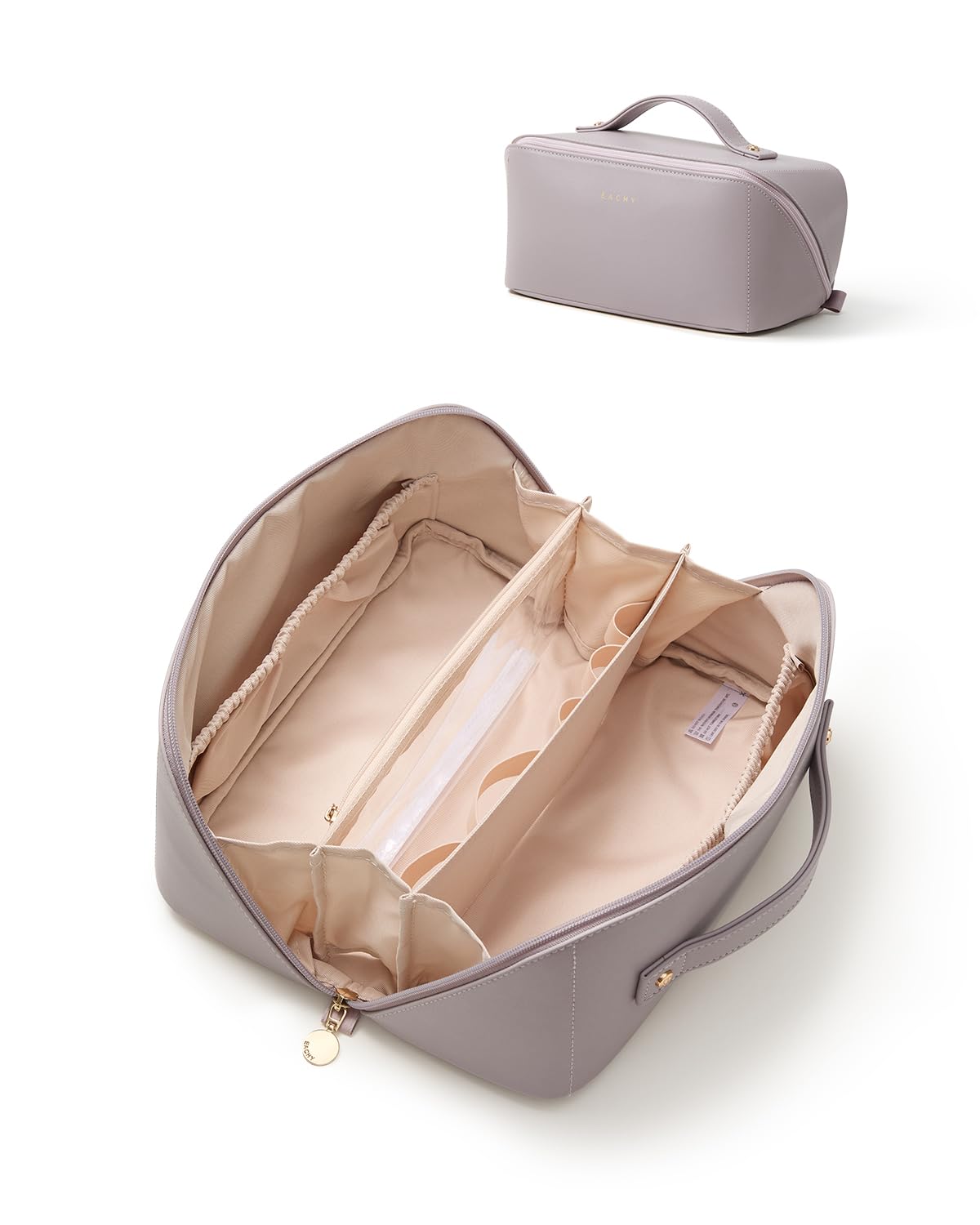 EACHY Travel Makeup Bag for Women, PU Leather Cosmetic Bag, Brown, Medium | Water-resistant PU leather exterior with flat-open access, clear TPU brush compartment and organized storage for cosmetics