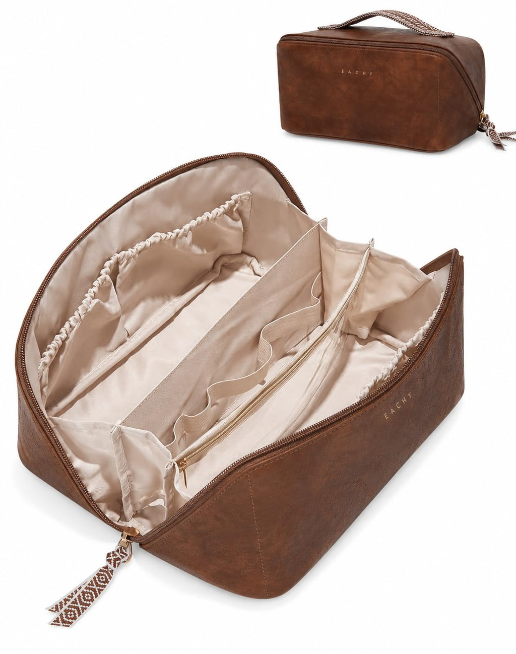EACHY Travel Makeup Bag for Women, PU Leather Cosmetic Bag, Brown, Medium | Water-resistant PU leather exterior with flat-open access, clear TPU brush compartment and organized storage for cosmetics
