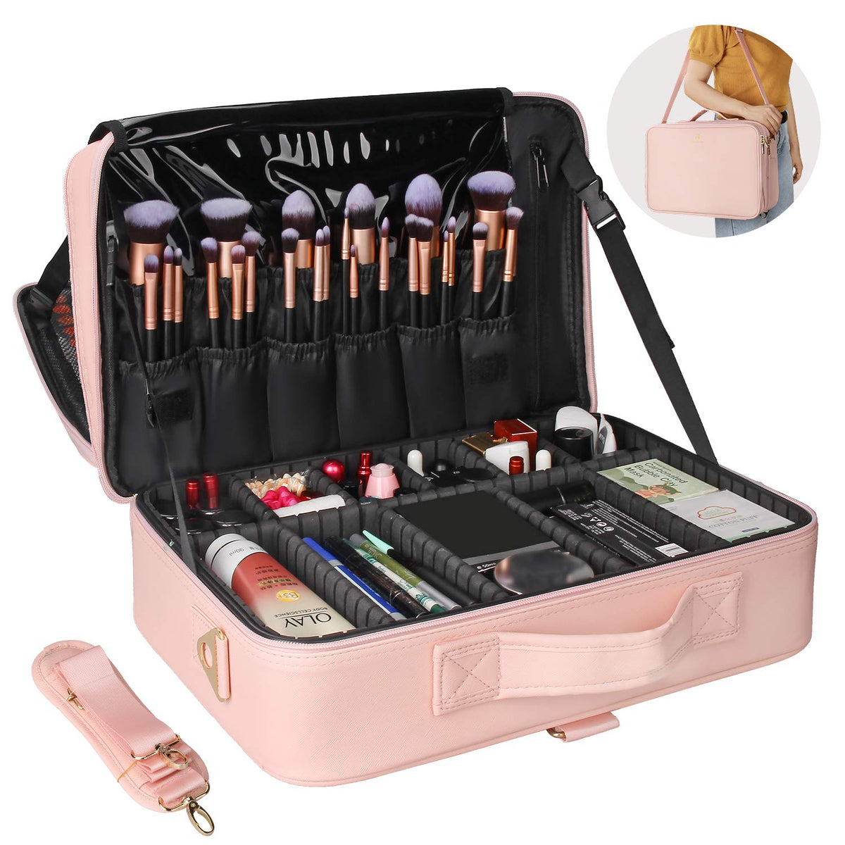 Relavel Makeup Case Large Makeup Bag Professional Train Case 16.5 inches Travel Cosmetic Organizer Brush Holder Waterproof Makeup Artist Storage Box, 3 Layer Large Capacity, with Adjustable Strap