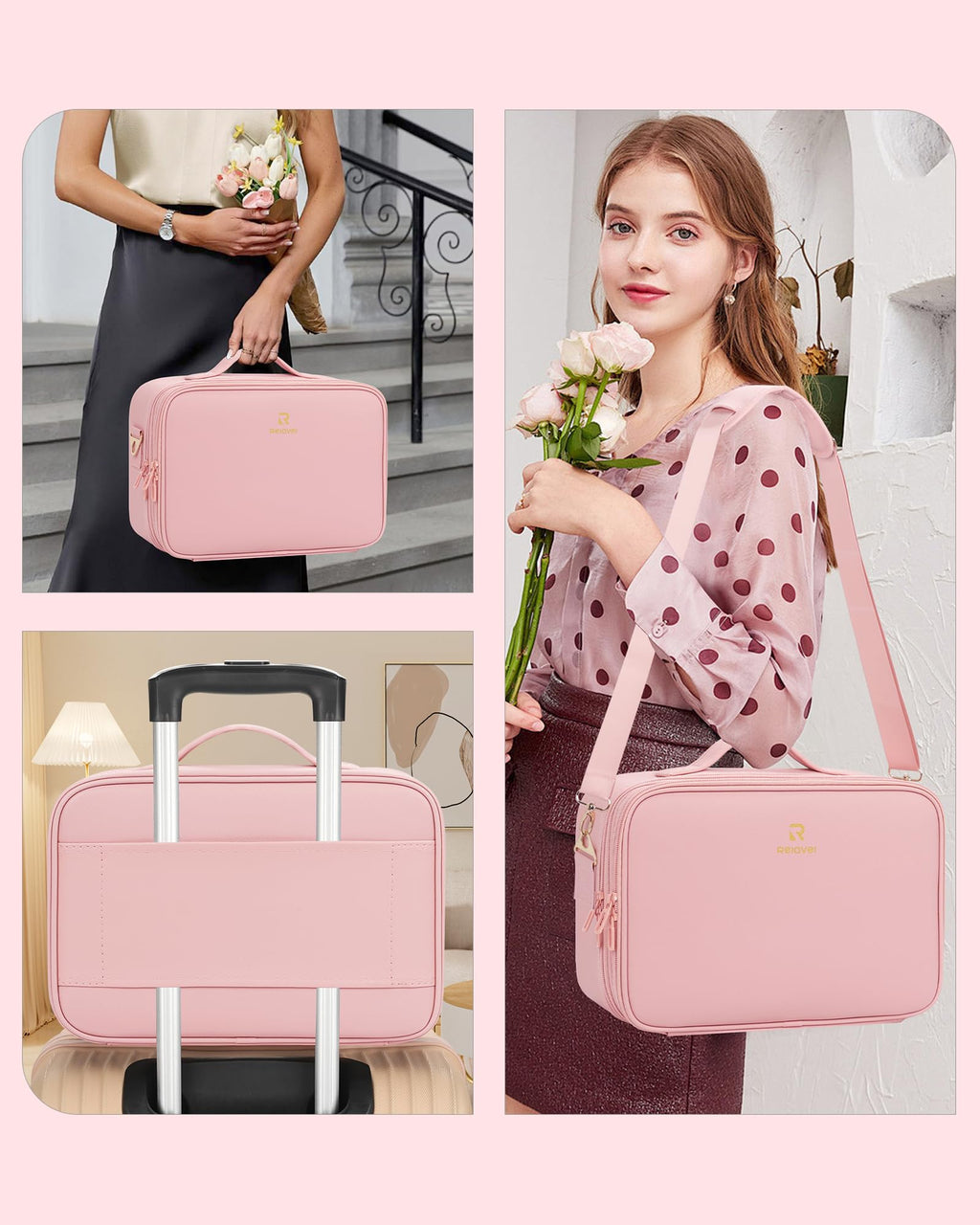 Relavel Makeup Case Large Makeup Bag Professional Train Case 16.5 inches Travel Cosmetic Organizer Brush Holder Waterproof Makeup Artist Storage Box, 3 Layer Large Capacity, with Adjustable Strap