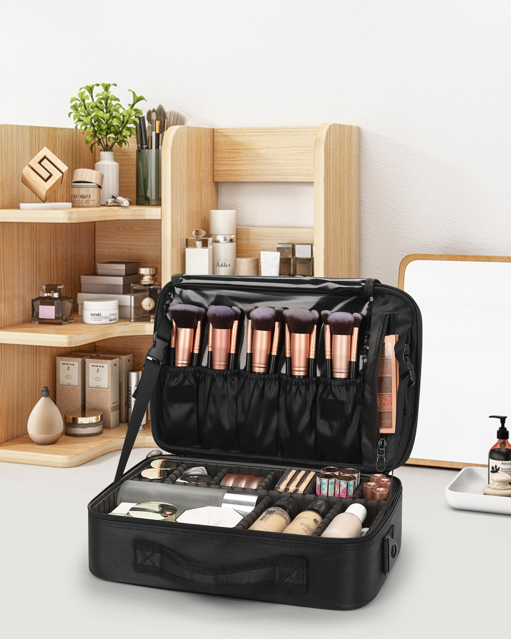 Relavel Makeup Case Large Makeup Bag Professional Train Case 16.5 inches Travel Cosmetic Organizer Brush Holder Waterproof Makeup Artist Storage Box, 3 Layer Large Capacity, with Adjustable Strap