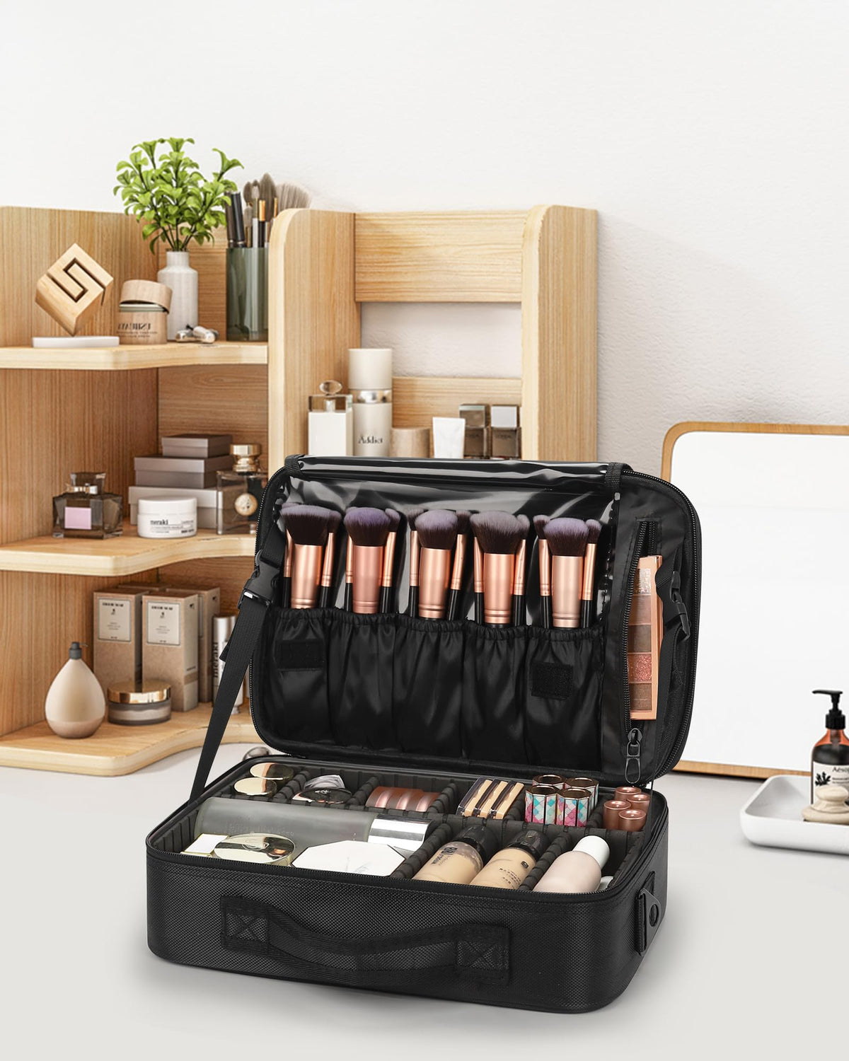 Relavel Makeup Case Large Makeup Bag Professional Train Case 16.5 inches Travel Cosmetic Organizer Brush Holder Waterproof Makeup Artist Storage Box, 3 Layer Large Capacity, with Adjustable Strap