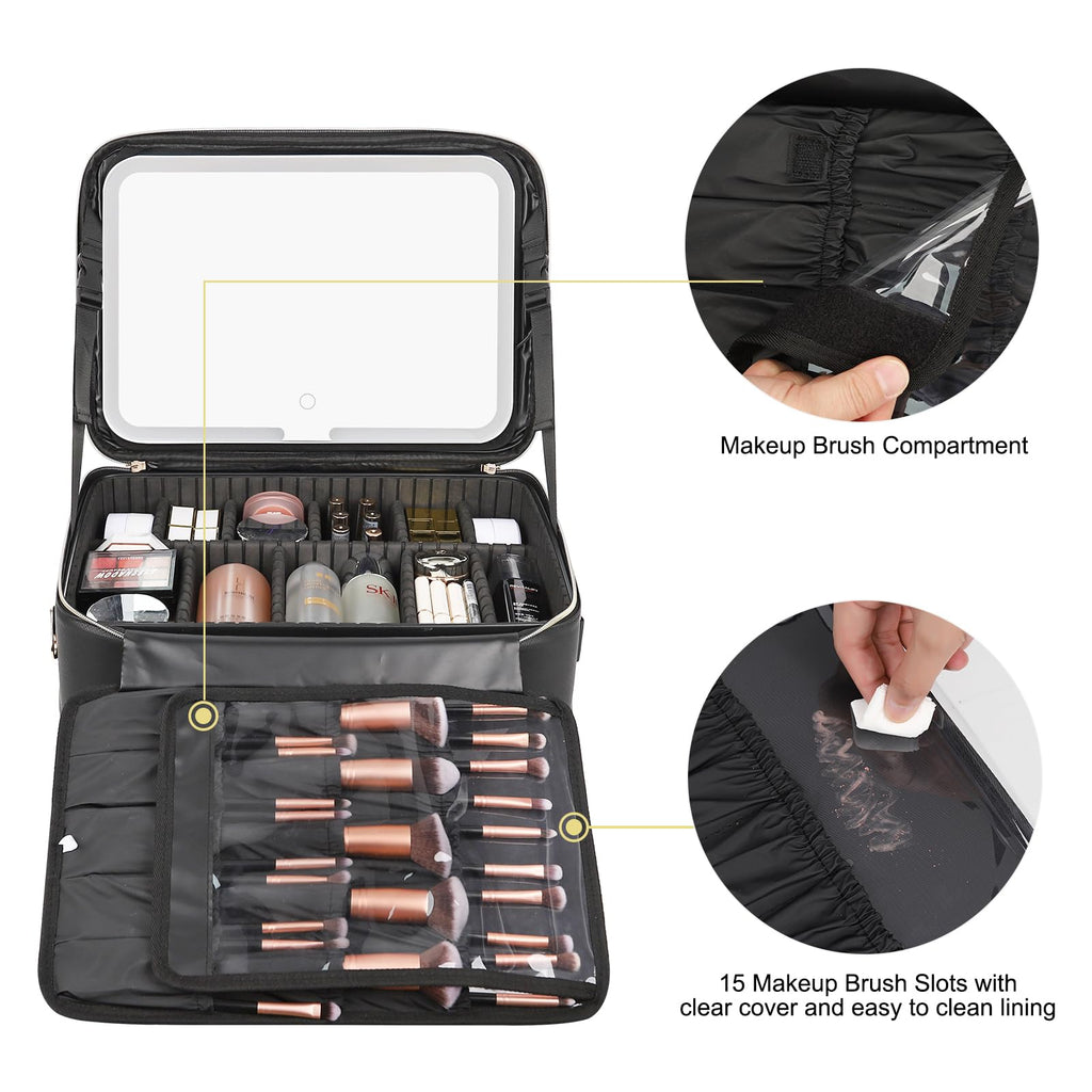 Relavel Makeup Case Large Makeup Bag Professional Train Case 16.5 inches Travel Cosmetic Organizer Brush Holder Waterproof Makeup Artist Storage Box, 3 Layer Large Capacity, with Adjustable Strap