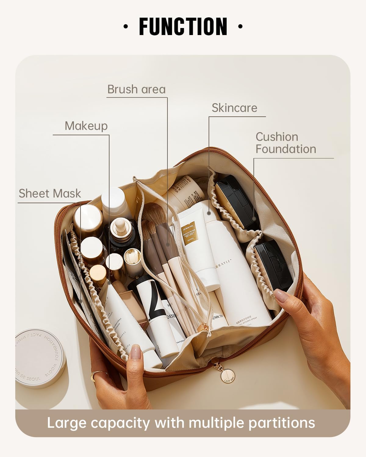 EACHY Travel Makeup Bag for Women, PU Leather Cosmetic Bag, Brown, Medium | Water-resistant PU leather exterior with flat-open access, clear TPU brush compartment and organized storage for cosmetics