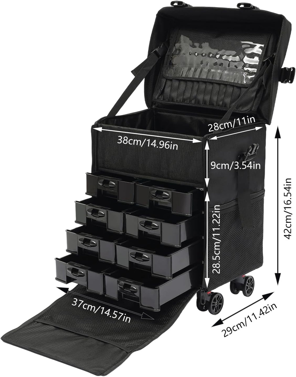 16.54in Rolling Makeup Case, Multifuctional Soft Sided Make up Train Case, Multi-tier Makeup Suitcase with Wheels for Makeup Artist Nail Technician and Hairstylist