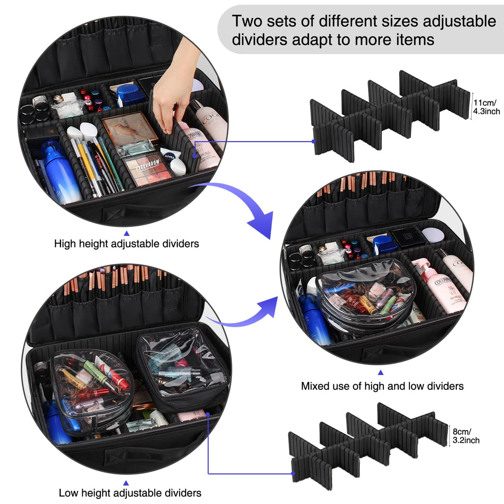 Relavel Makeup Case Large Makeup Bag Professional Train Case 16.5 inches Travel Cosmetic Organizer Brush Holder Waterproof Makeup Artist Storage Box, 3 Layer Large Capacity, with Adjustable Strap