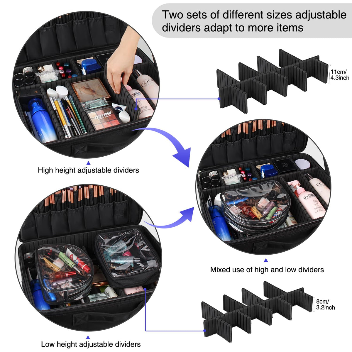 Relavel Makeup Case Large Makeup Bag Professional Train Case 16.5 inches Travel Cosmetic Organizer Brush Holder Waterproof Makeup Artist Storage Box, 3 Layer Large Capacity, with Adjustable Strap