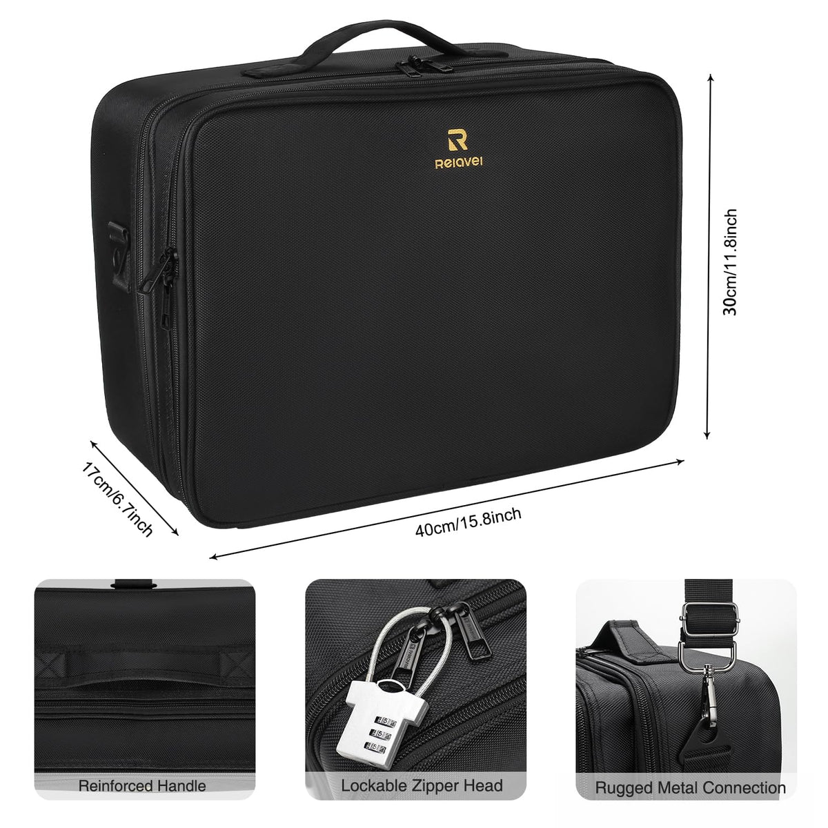 Relavel Makeup Case Large Makeup Bag Professional Train Case 16.5 inches Travel Cosmetic Organizer Brush Holder Waterproof Makeup Artist Storage Box, 3 Layer Large Capacity, with Adjustable Strap