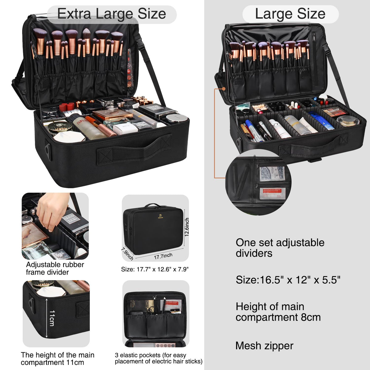 Relavel Makeup Case Large Makeup Bag Professional Train Case 16.5 inches Travel Cosmetic Organizer Brush Holder Waterproof Makeup Artist Storage Box, 3 Layer Large Capacity, with Adjustable Strap