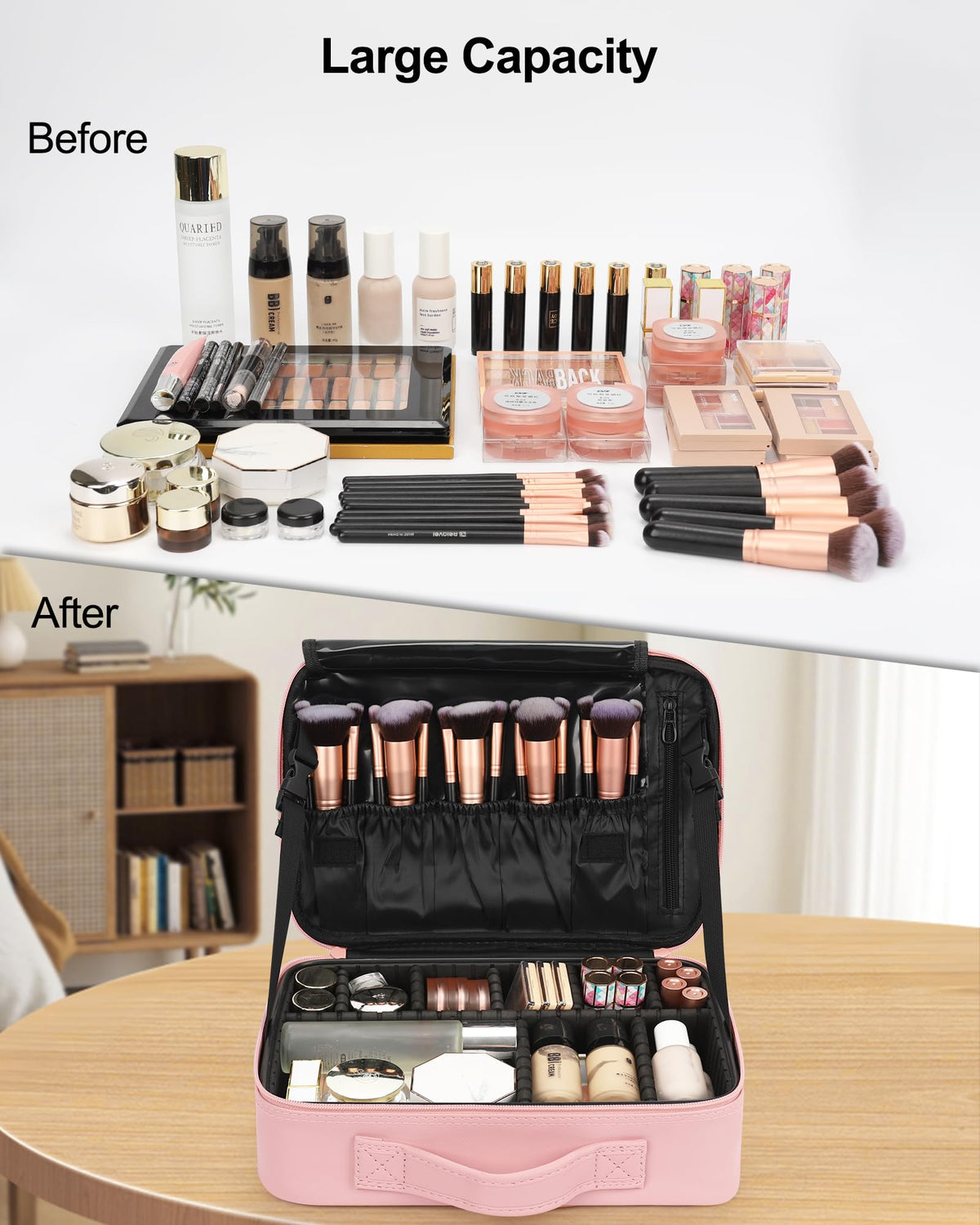 Relavel Makeup Case Large Makeup Bag Professional Train Case 16.5 inches Travel Cosmetic Organizer Brush Holder Waterproof Makeup Artist Storage Box, 3 Layer Large Capacity, with Adjustable Strap