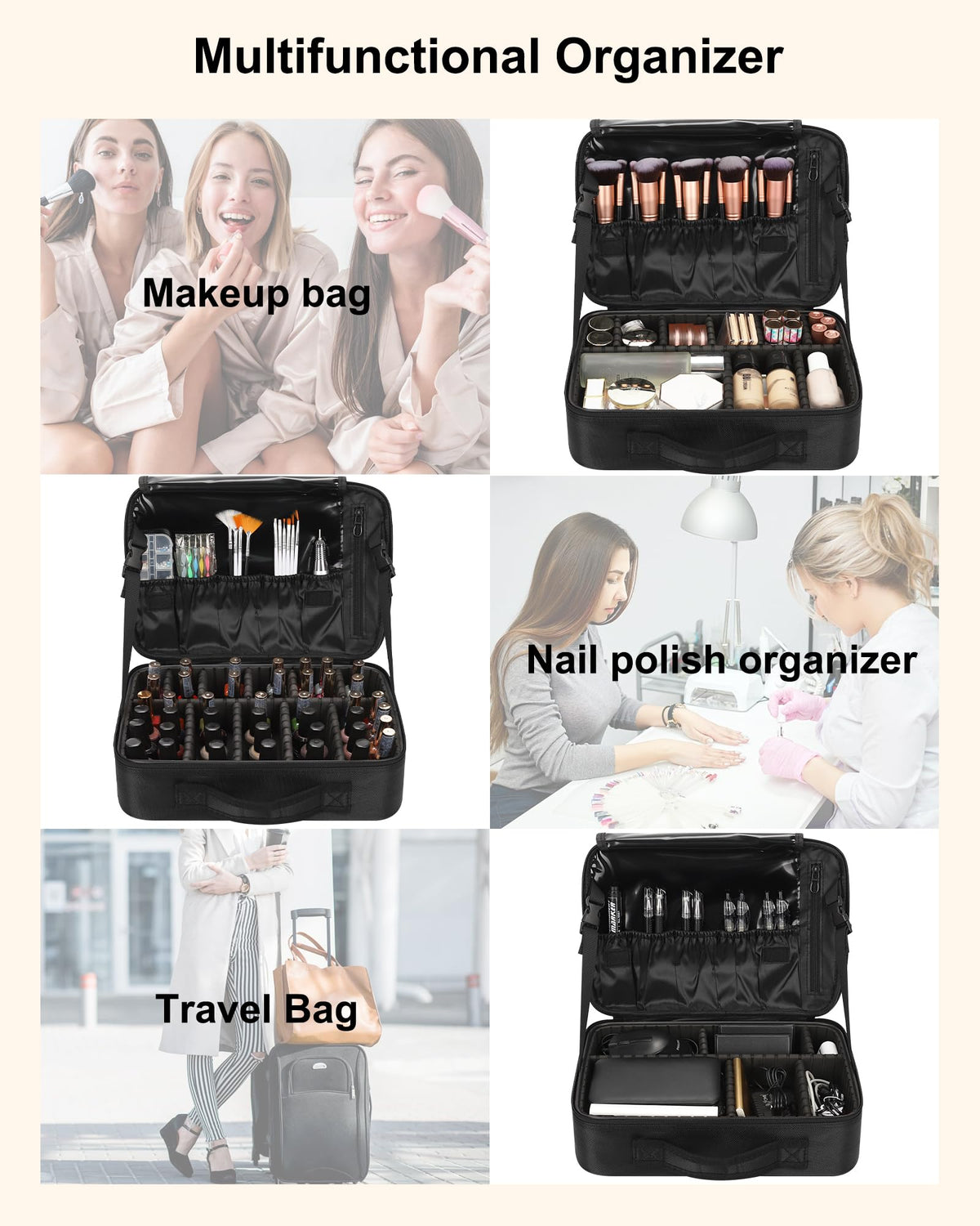 Relavel Makeup Case Large Makeup Bag Professional Train Case 16.5 inches Travel Cosmetic Organizer Brush Holder Waterproof Makeup Artist Storage Box, 3 Layer Large Capacity, with Adjustable Strap