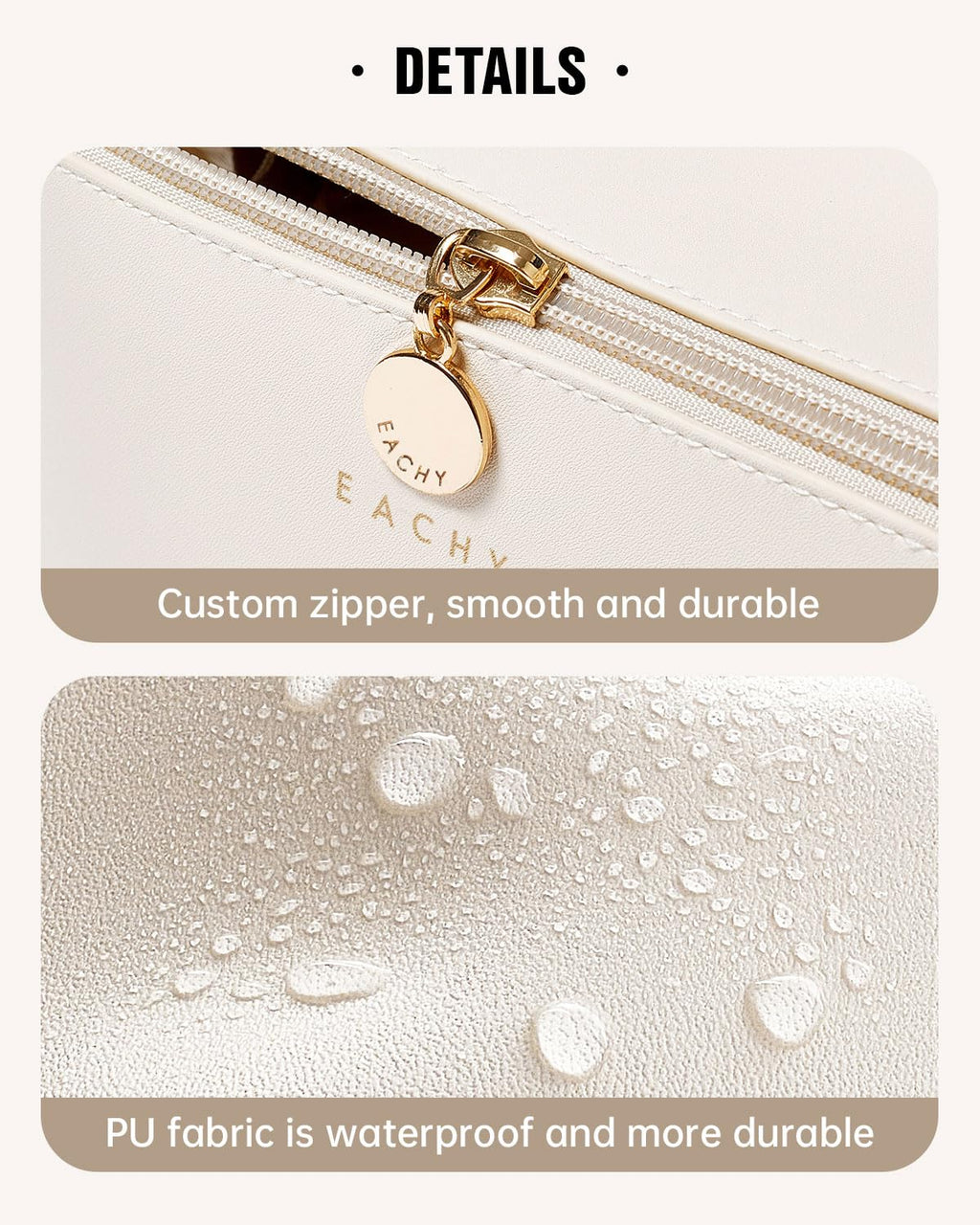 EACHY Travel Makeup Bag for Women, PU Leather Cosmetic Bag, Brown, Medium | Water-resistant PU leather exterior with flat-open access, clear TPU brush compartment and organized storage for cosmetics