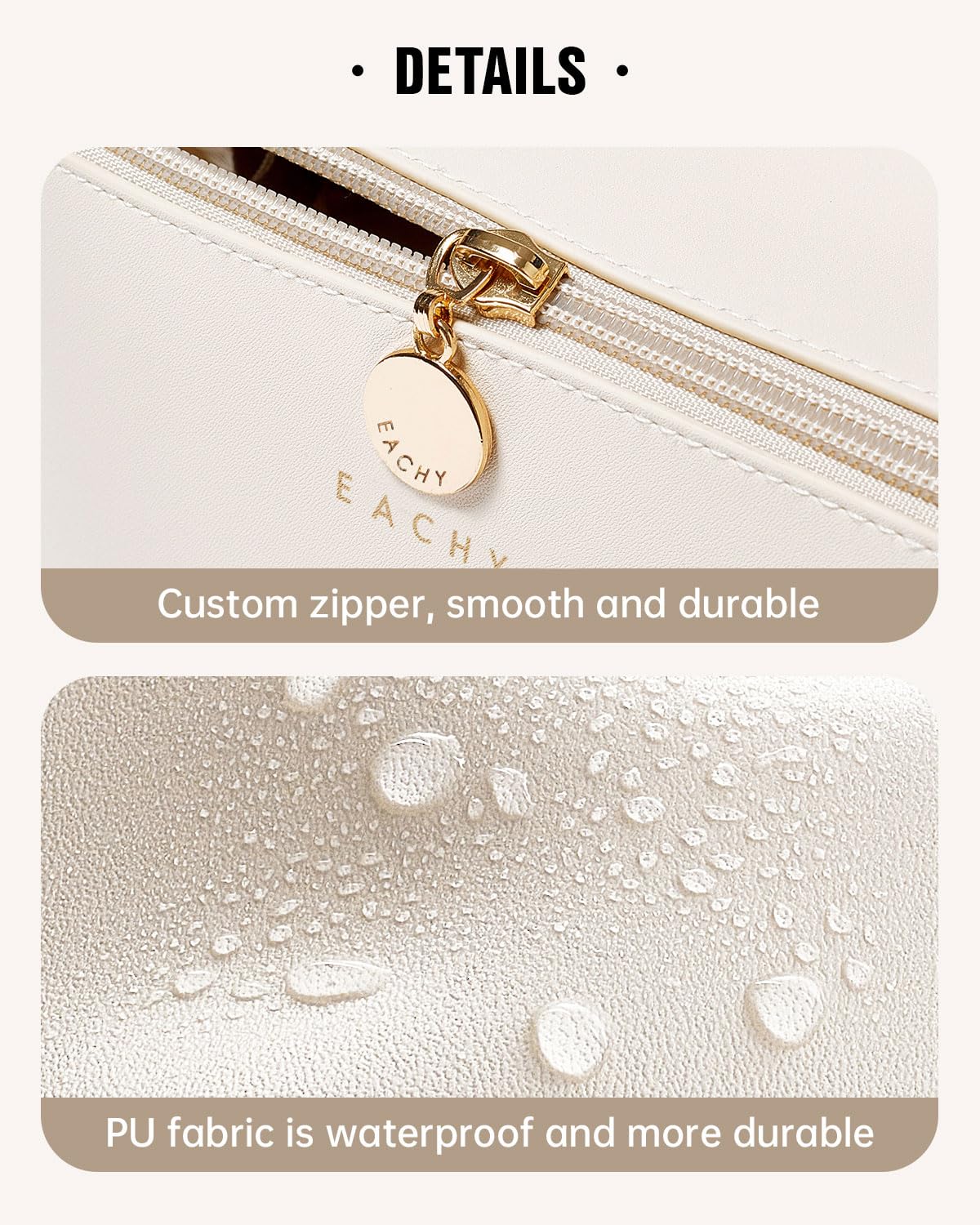 EACHY Travel Makeup Bag for Women, PU Leather Cosmetic Bag, Brown, Medium | Water-resistant PU leather exterior with flat-open access, clear TPU brush compartment and organized storage for cosmetics