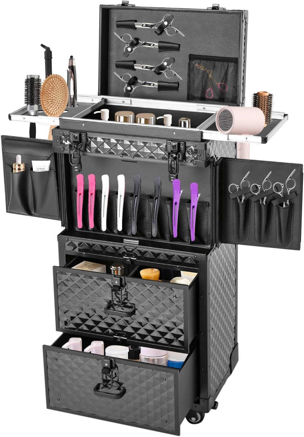 Professional Rolling Lockable Makeup Train Case on Wheels, Aluminum Makeup Travel Organizer Cosmetic Case With 4Universal Wheels/2Combination Locks Retractable Tray For Hairdresser Makeup Artist