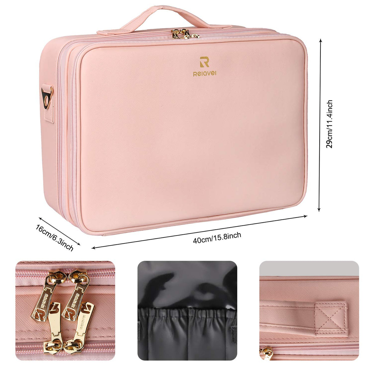 Relavel Makeup Case Large Makeup Bag Professional Train Case 16.5 inches Travel Cosmetic Organizer Brush Holder Waterproof Makeup Artist Storage Box, 3 Layer Large Capacity, with Adjustable Strap