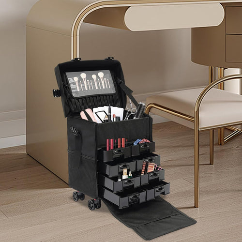 16.54in Rolling Makeup Case, Multifuctional Soft Sided Make up Train Case, Multi-tier Makeup Suitcase with Wheels for Makeup Artist Nail Technician and Hairstylist