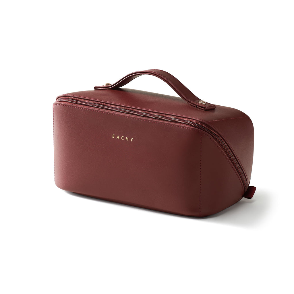 EACHY Travel Makeup Bag for Women, PU Leather Cosmetic Bag, Brown, Medium | Water-resistant PU leather exterior with flat-open access, clear TPU brush compartment and organized storage for cosmetics