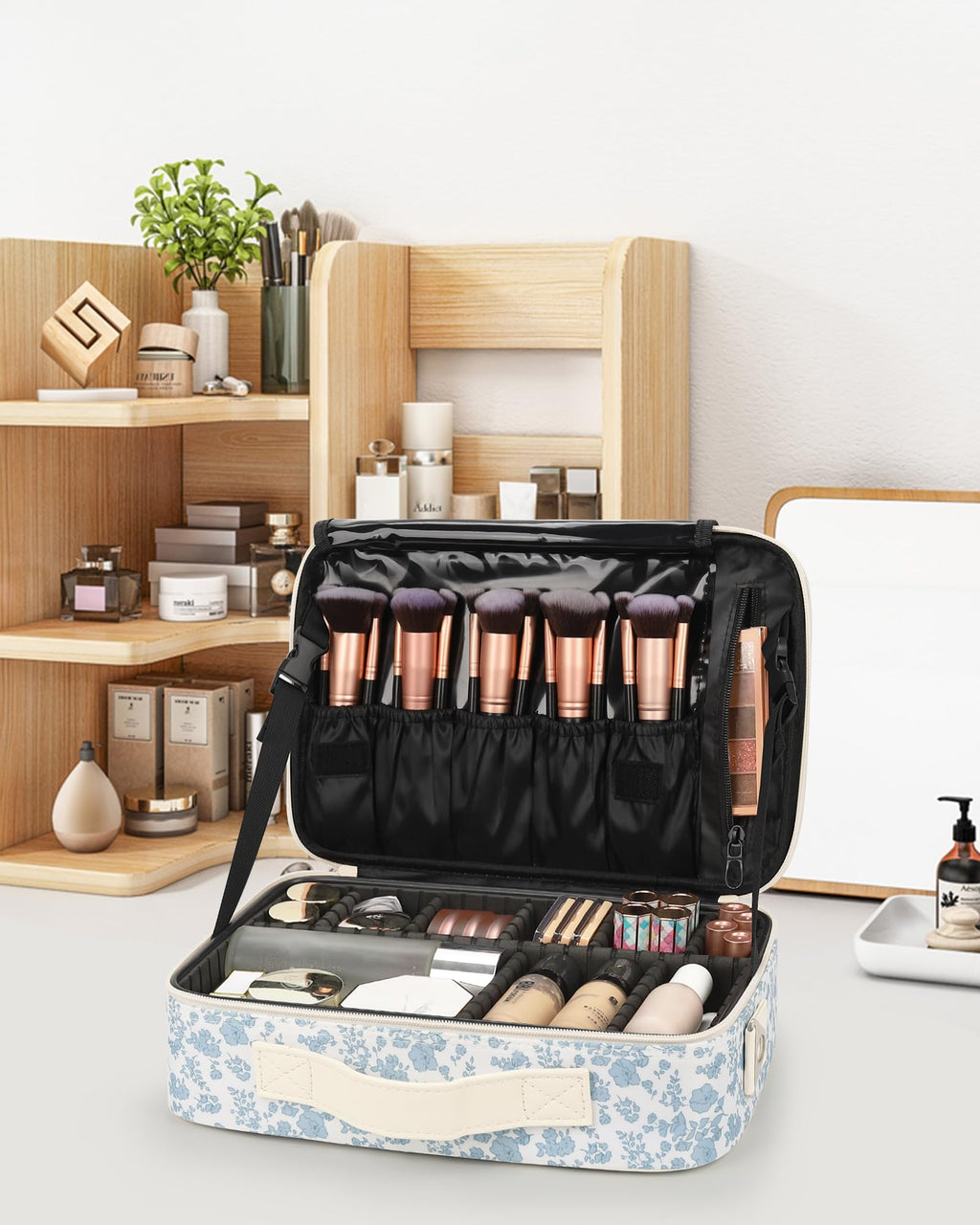 Relavel Makeup Case Large Makeup Bag Professional Train Case 16.5 inches Travel Cosmetic Organizer Brush Holder Waterproof Makeup Artist Storage Box, 3 Layer Large Capacity, with Adjustable Strap