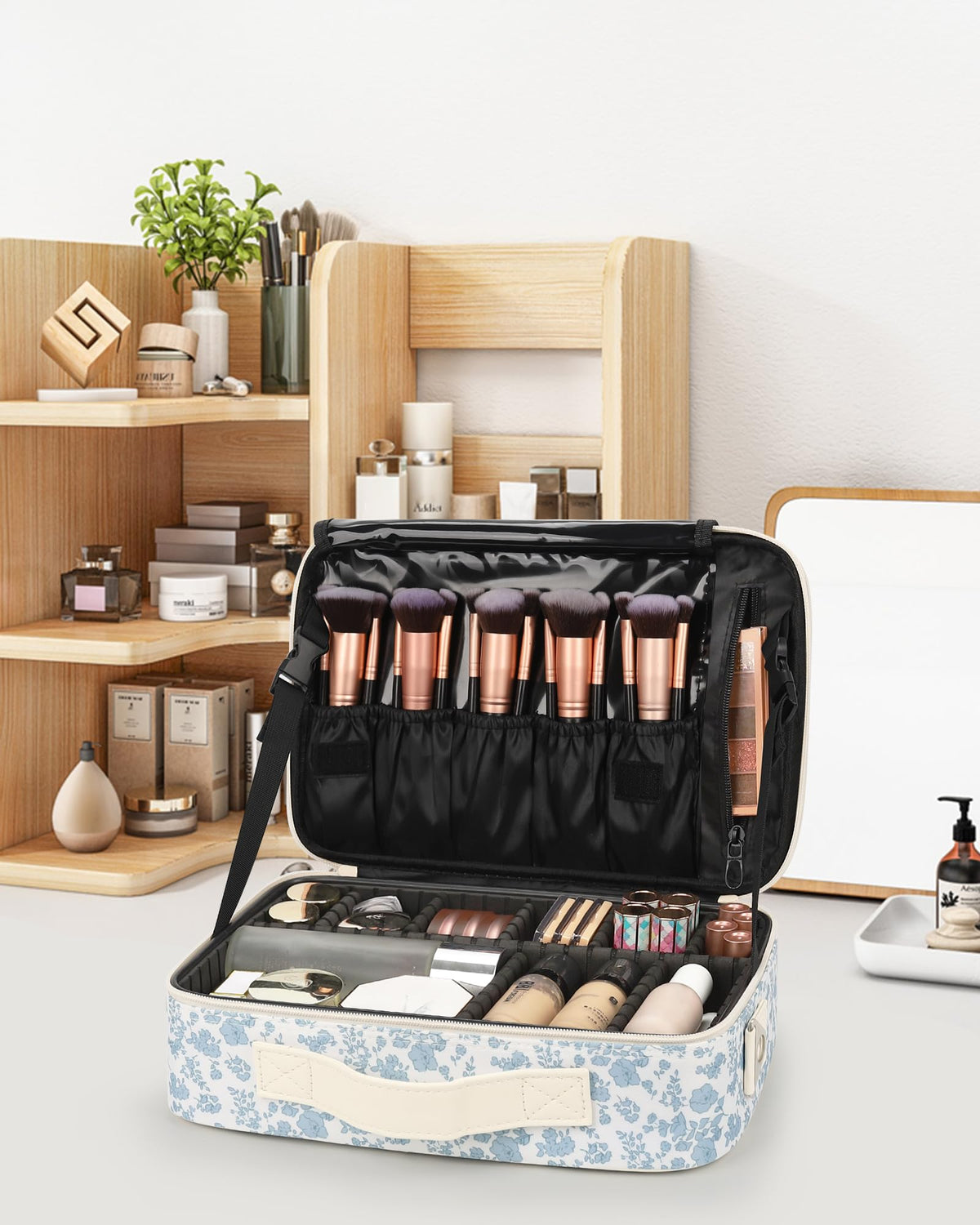 Relavel Makeup Case Large Makeup Bag Professional Train Case 16.5 inches Travel Cosmetic Organizer Brush Holder Waterproof Makeup Artist Storage Box, 3 Layer Large Capacity, with Adjustable Strap