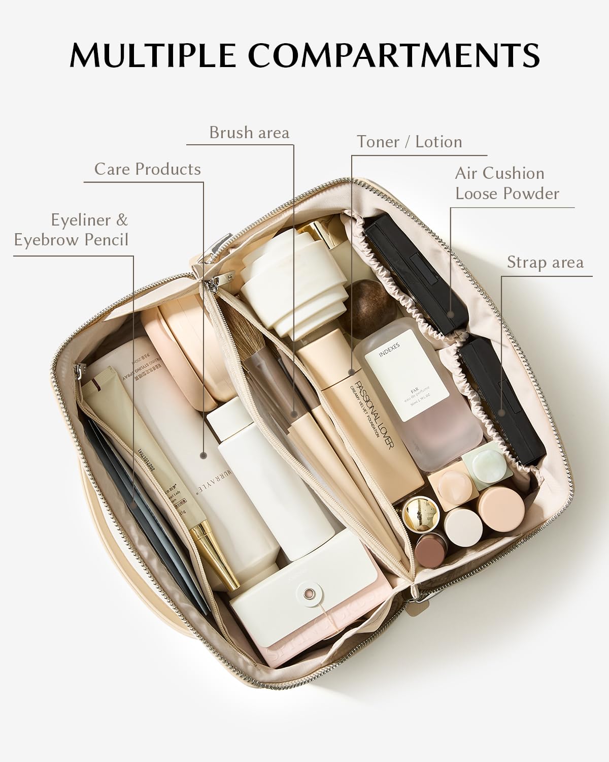EACHY Travel Makeup Bag for Women, PU Leather Cosmetic Bag, Brown, Medium | Water-resistant PU leather exterior with flat-open access, clear TPU brush compartment and organized storage for cosmetics