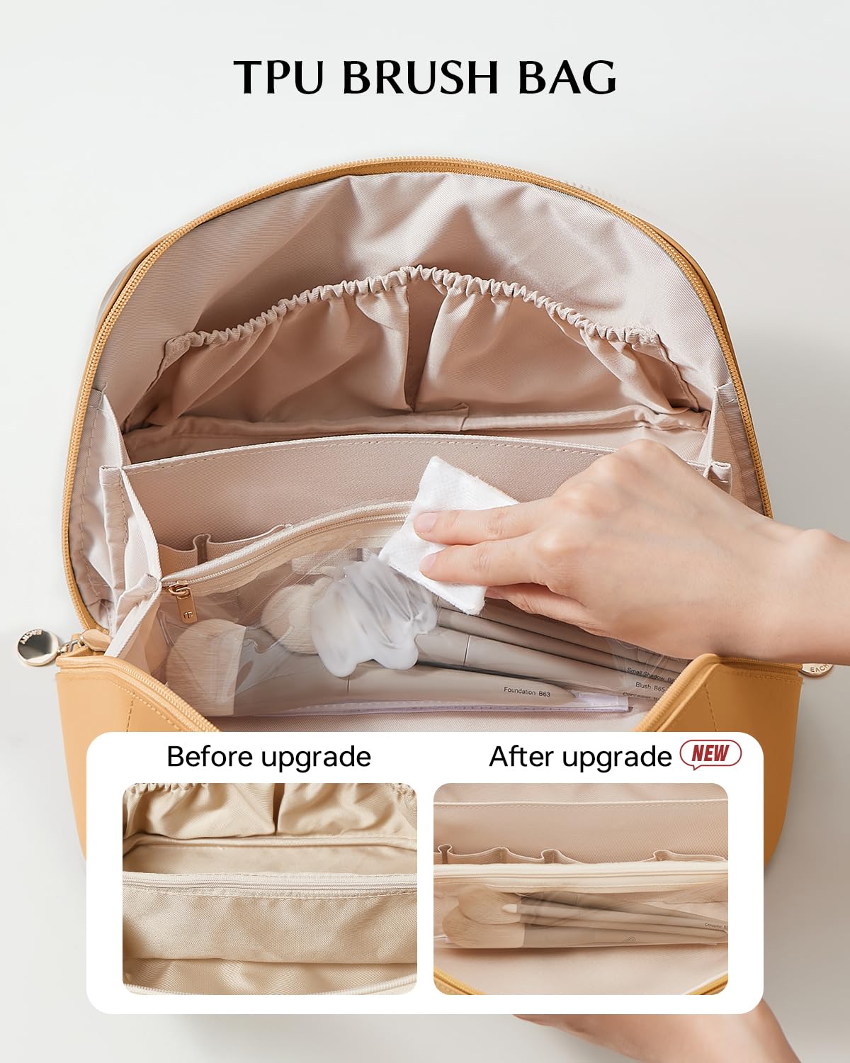 EACHY Travel Makeup Bag for Women, PU Leather Cosmetic Bag, Brown, Medium | Water-resistant PU leather exterior with flat-open access, clear TPU brush compartment and organized storage for cosmetics