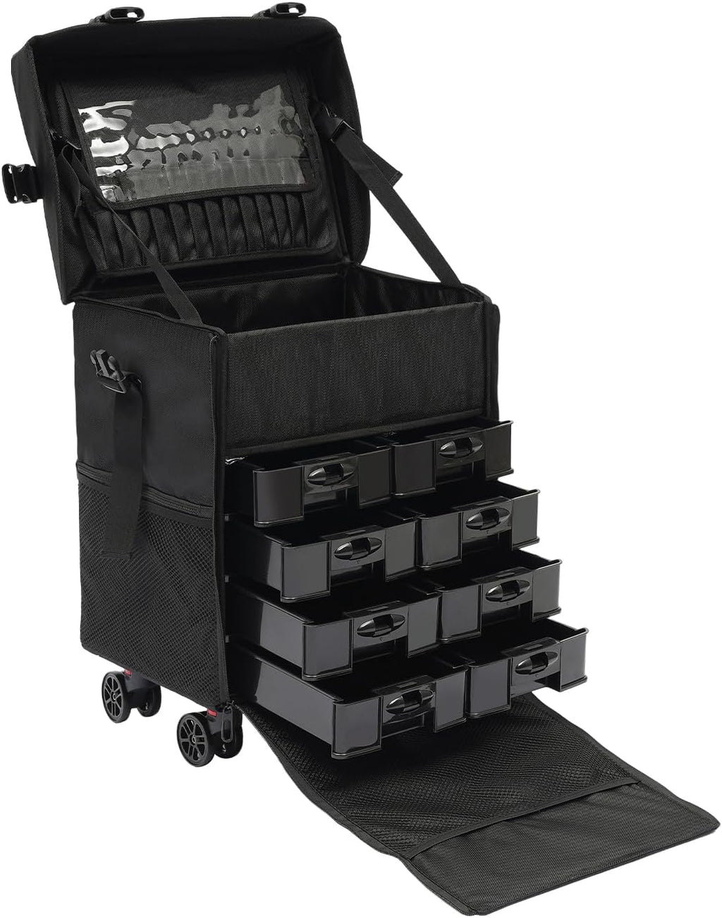 16.54in Rolling Makeup Case, Multifuctional Soft Sided Make up Train Case, Multi-tier Makeup Suitcase with Wheels for Makeup Artist Nail Technician and Hairstylist