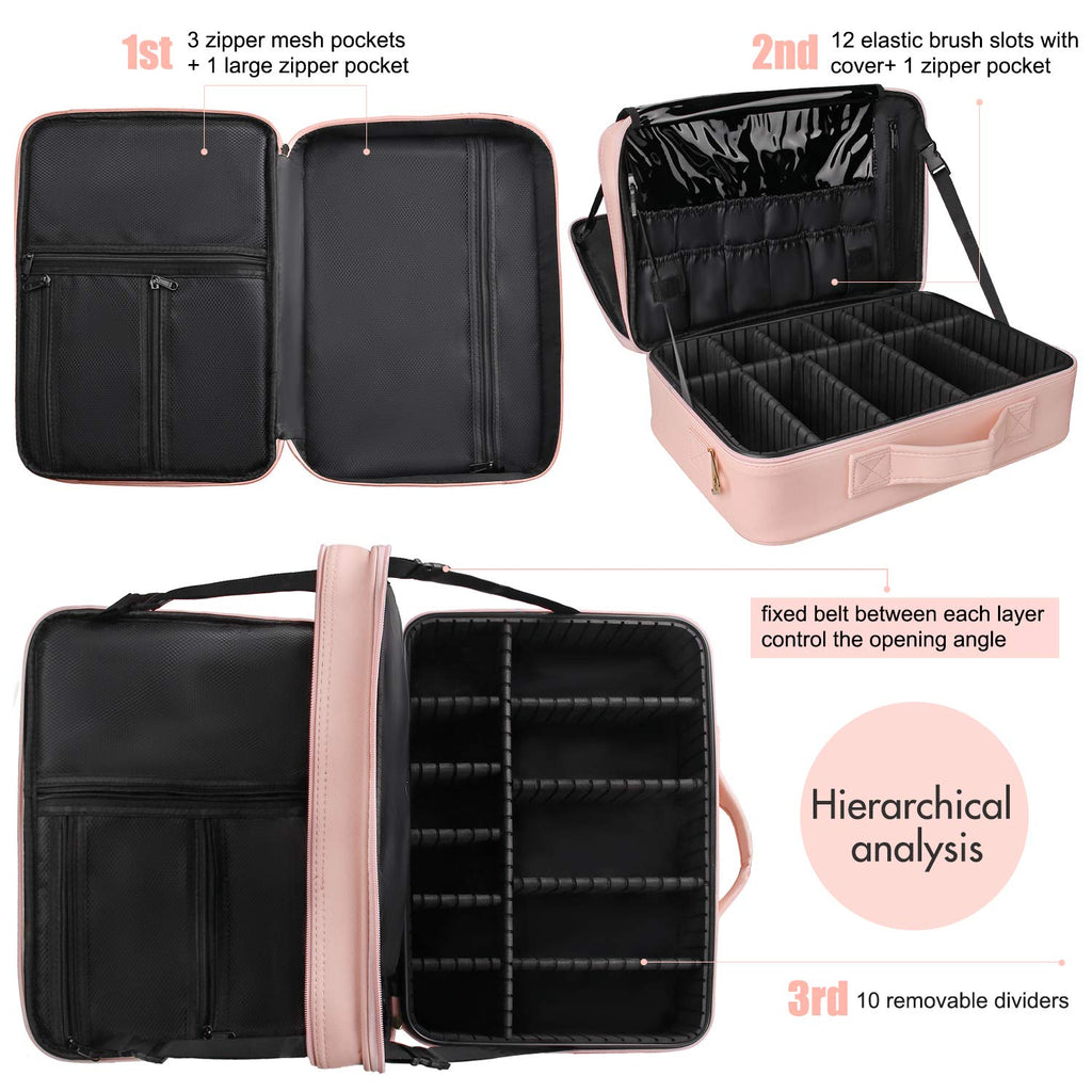 Relavel Makeup Case Large Makeup Bag Professional Train Case 16.5 inches Travel Cosmetic Organizer Brush Holder Waterproof Makeup Artist Storage Box, 3 Layer Large Capacity, with Adjustable Strap