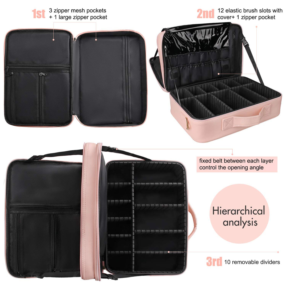 Relavel Makeup Case Large Makeup Bag Professional Train Case 16.5 inches Travel Cosmetic Organizer Brush Holder Waterproof Makeup Artist Storage Box, 3 Layer Large Capacity, with Adjustable Strap